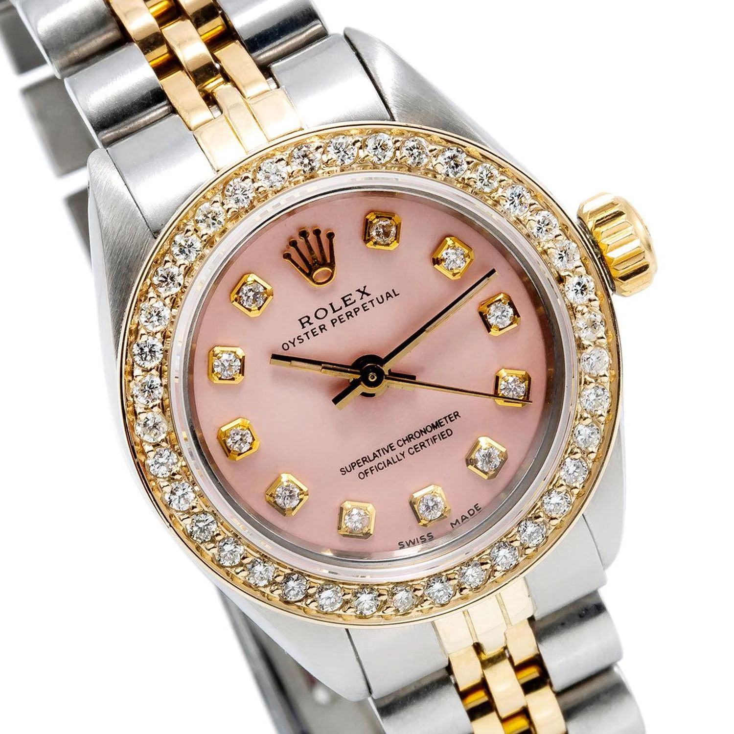 Rolex Oyster Perpetual 26MM 67193 Pink Diamond Dial Diamond Bezel Two Tone Yellow Gold Jubilee Bracelet 1ct - Image 3
