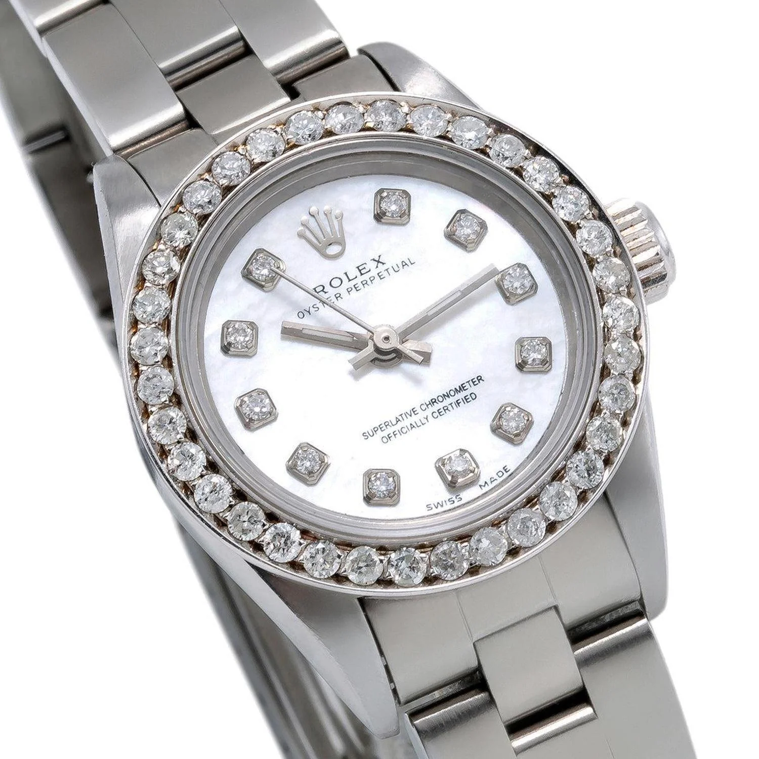 Rolex Oyster Perpetual 26MM 67193 White Mother of Pearl Diamond Dial Diamond Bezel Stainless Steel Oyster Bracelet 0.9ct - Image 3