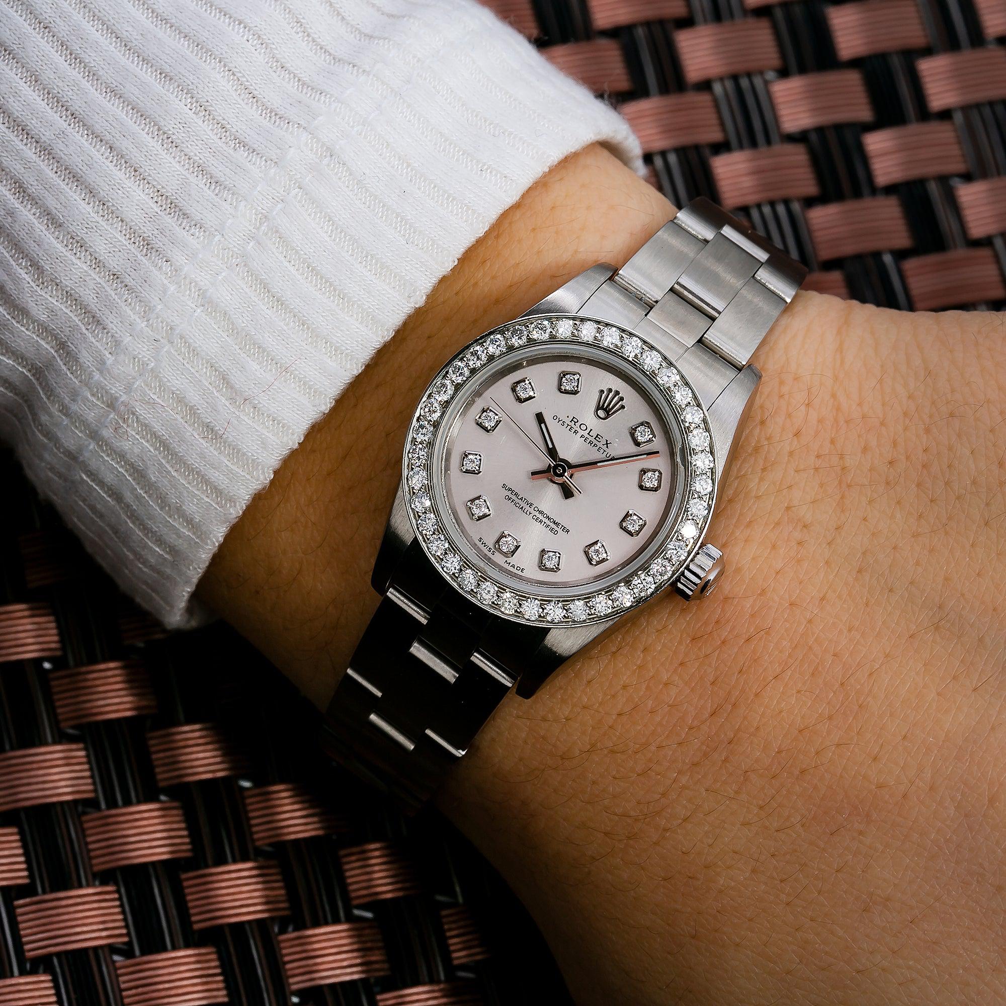 Rolex Oyster Perpetual 26MM 76094 Silver Diamond Dial Diamond Bezel Stainless Steel Oyster Bracelet - Image 4
