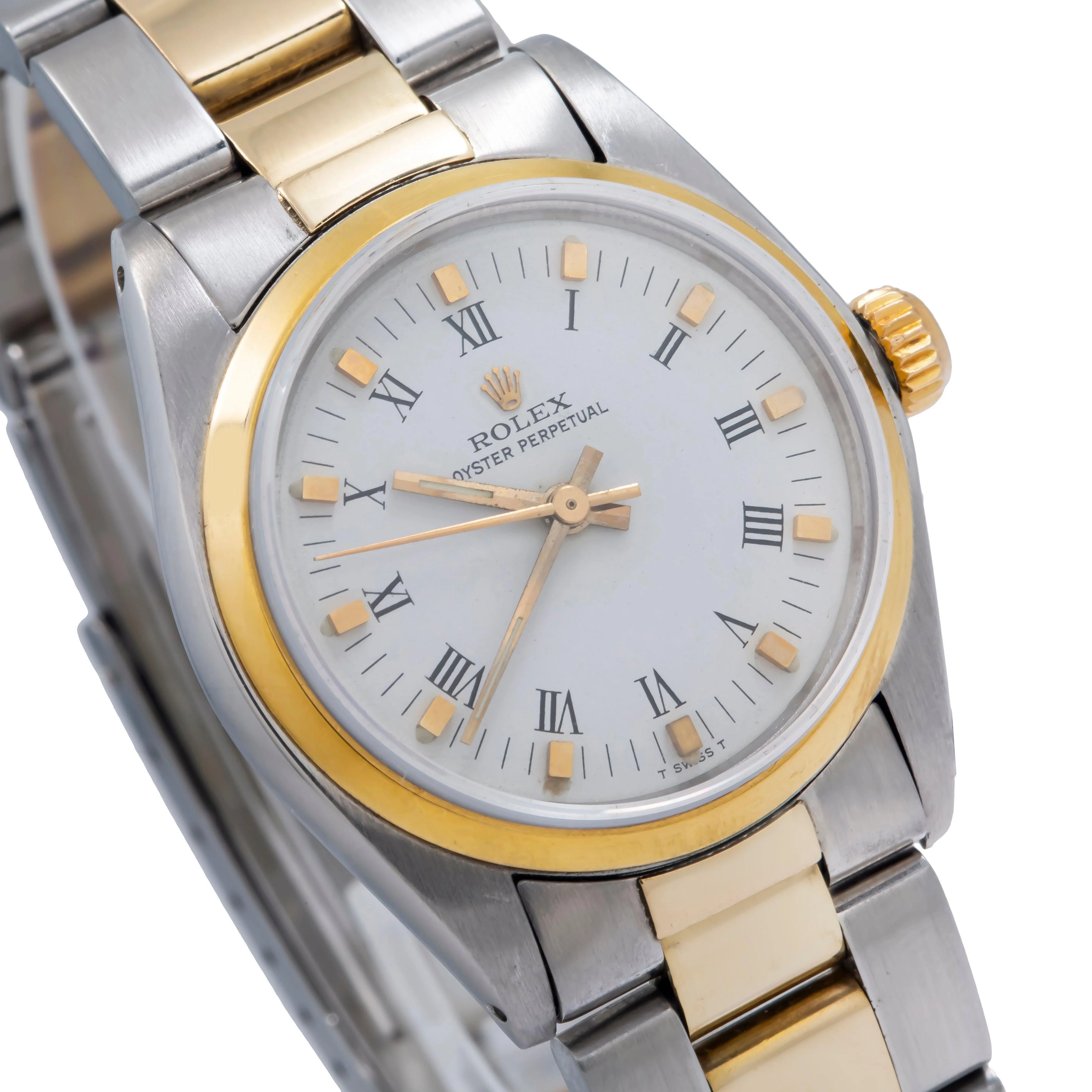 Rolex Oyster Perpetual 31MM 6748 White Roman Dial Smooth Bezel Two Tone Yellow Gold Oyster Bracelet - Image 3