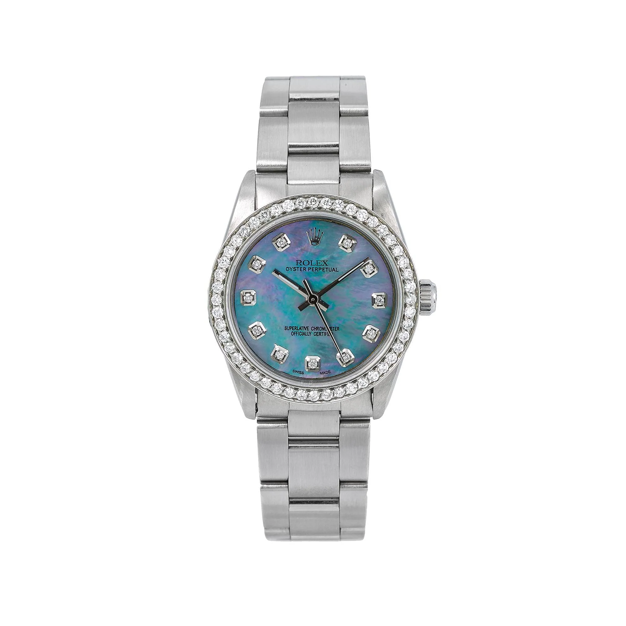 Rolex Oyster Perpetual 31MM 67480 Blue Mother of Pearl Diamond Dial Diamond Bezel Stainless Steel Oyster Bracelet 1.05ct