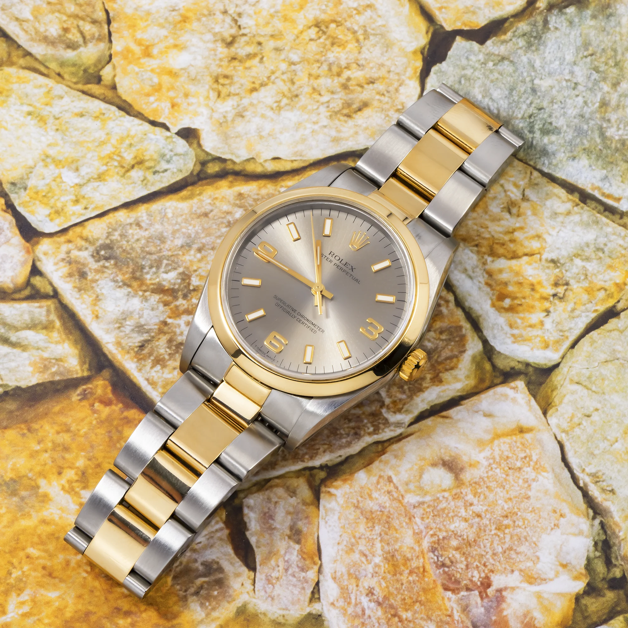 Rolex Oyster Perpetual 34MM 14203 Gray Arabic Dial Smooth Bezel Two Tone Yellow Gold Oyster Bracelet - Image 4