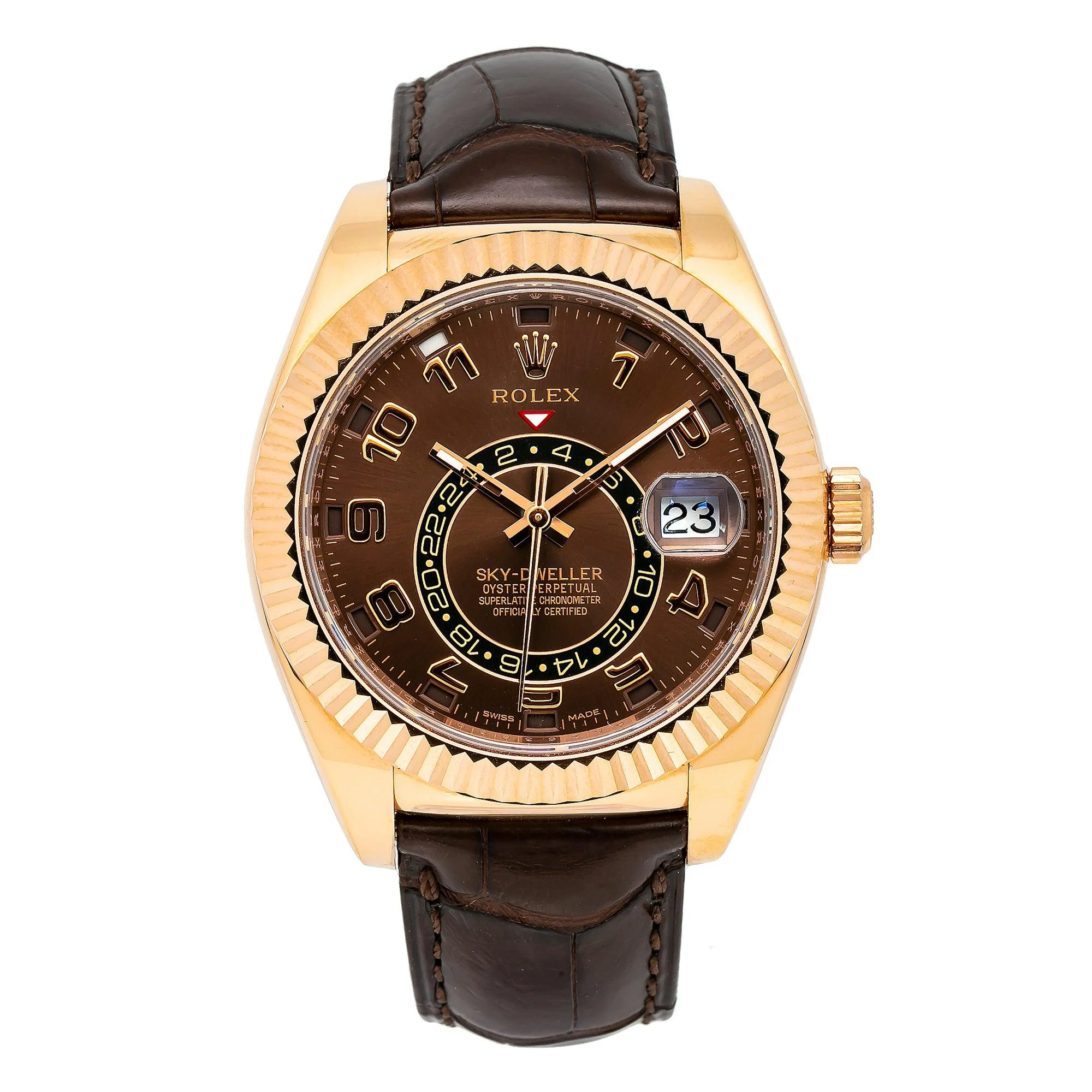 Rolex Sky-Dweller 42MM 326135 Chocolate Arabic Dial Fluted Bezel Brown Leather Strap