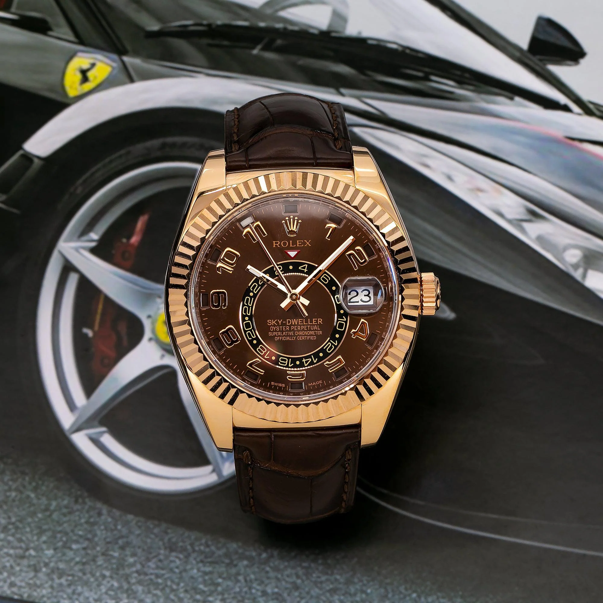Rolex Sky-Dweller 42MM 326135 Chocolate Arabic Dial Fluted Bezel Brown Leather Strap - Image 2