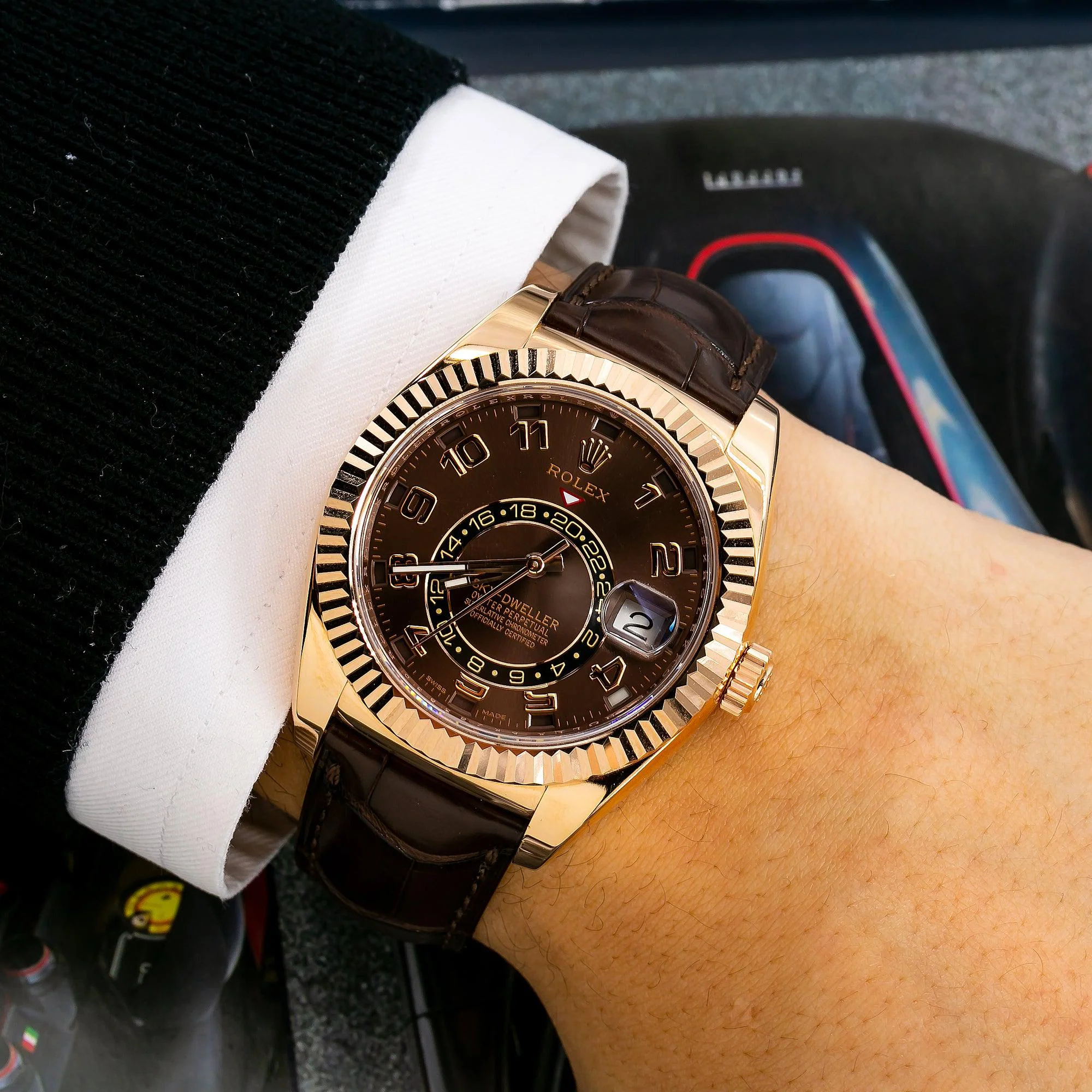 Rolex Sky-Dweller 42MM 326135 Chocolate Arabic Dial Fluted Bezel Brown Leather Strap - Image 3