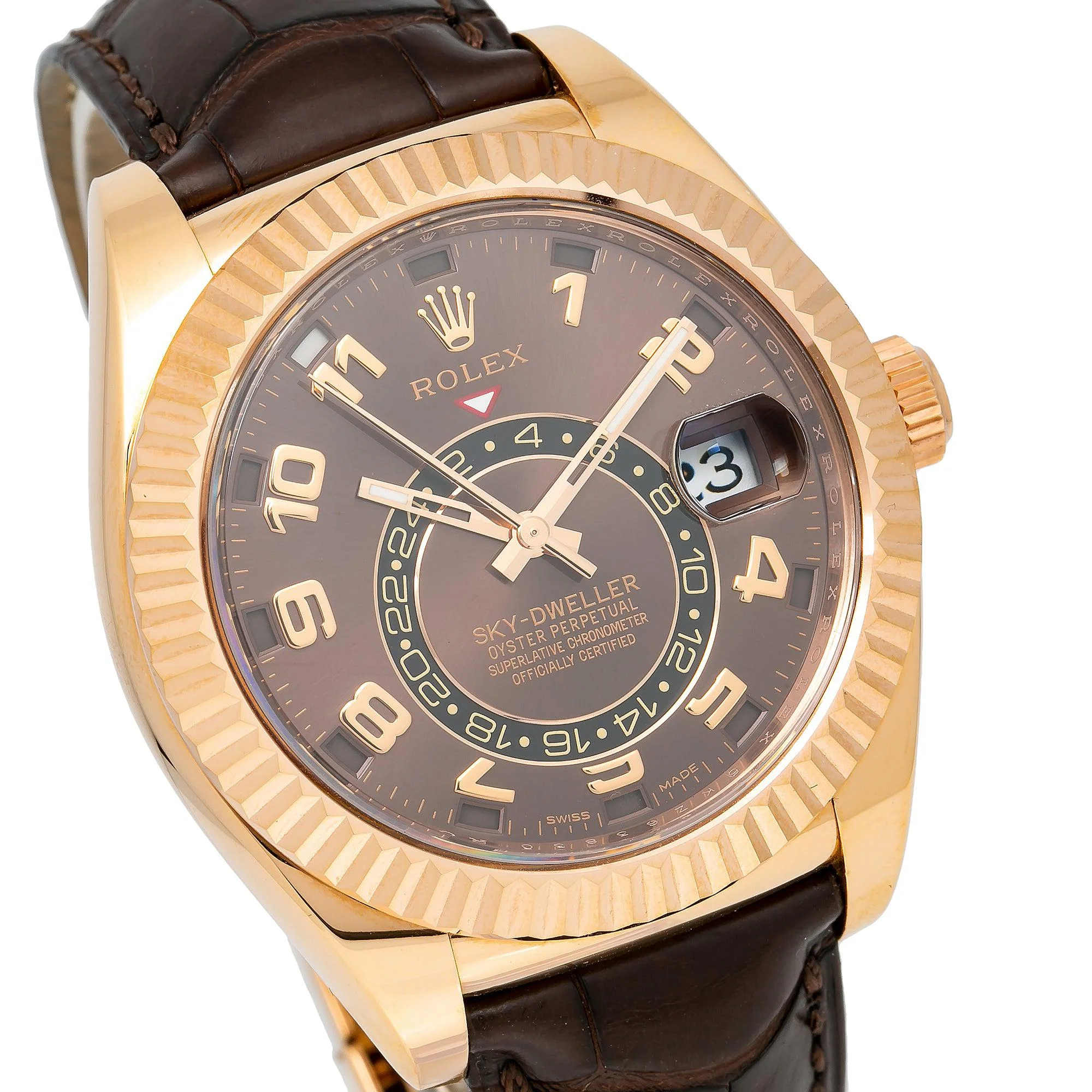 Rolex Sky-Dweller 42MM 326135 Chocolate Arabic Dial Fluted Bezel Brown Leather Strap - Image 6