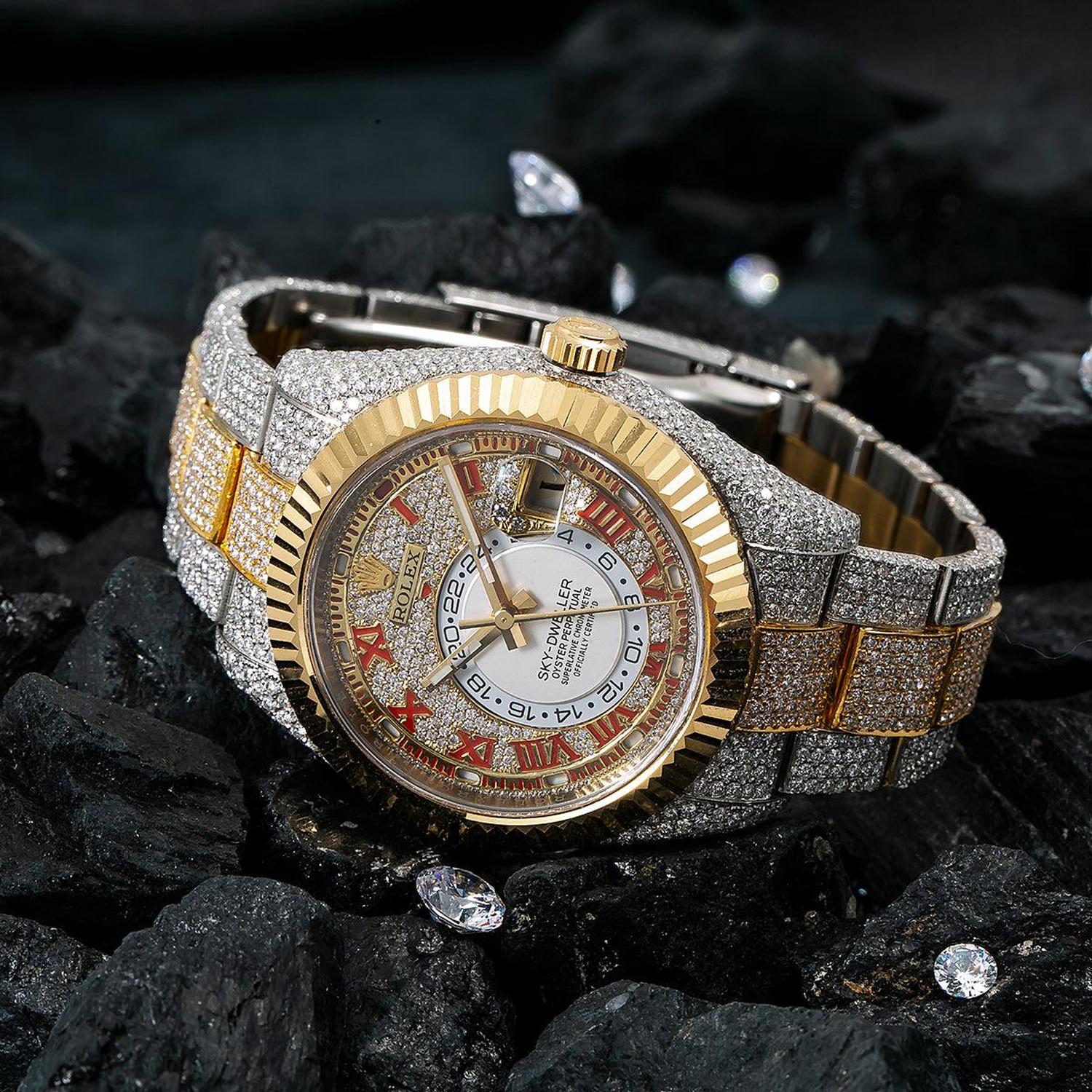 Rolex Sky-Dweller 42MM 326933 Diamond Paved Red Roman Dial Fluted Bezel Two Tone Yellow Gold Full Diamond Oyster Bracelet 25.75ct - Image 3