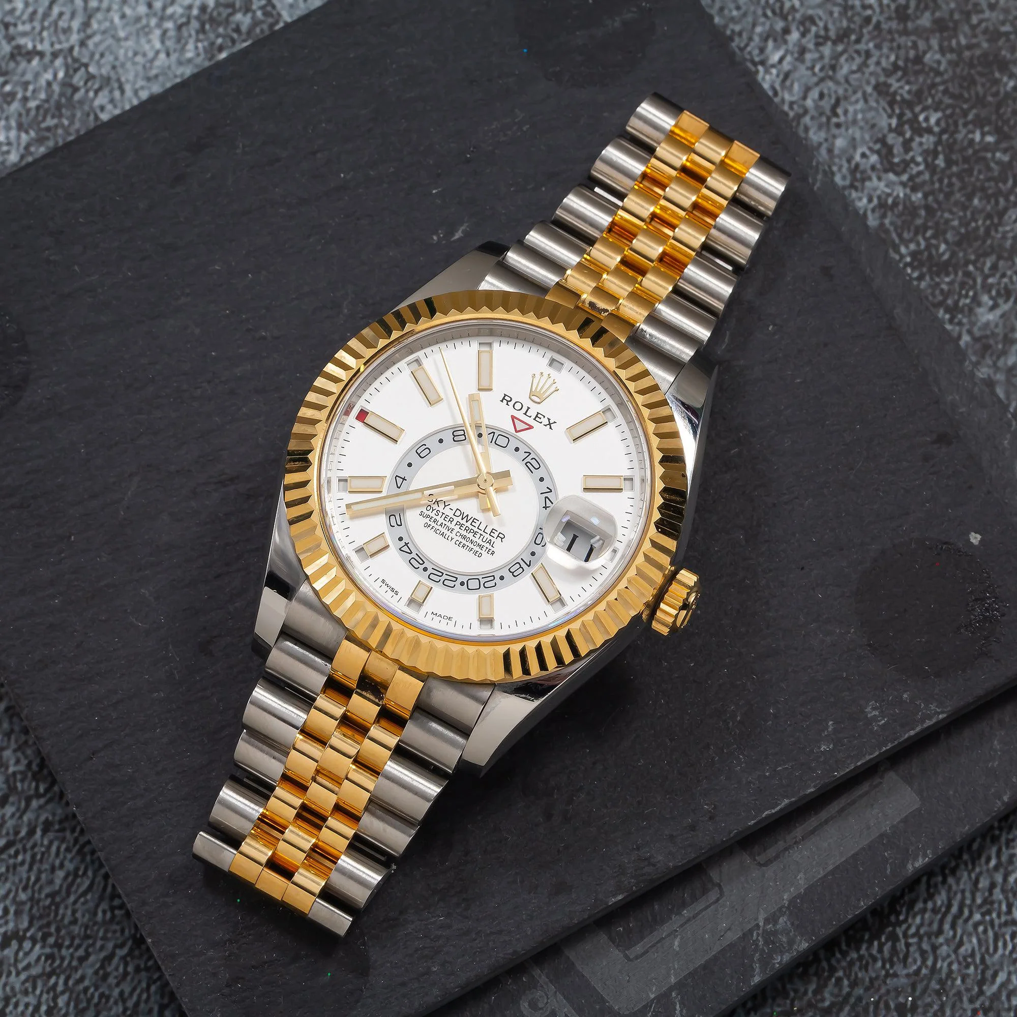 Rolex Sky-Dweller 42MM 326933 White Dial Fluted Bezel Two Tone Yellow Gold Jubilee Bracelet - Image 5