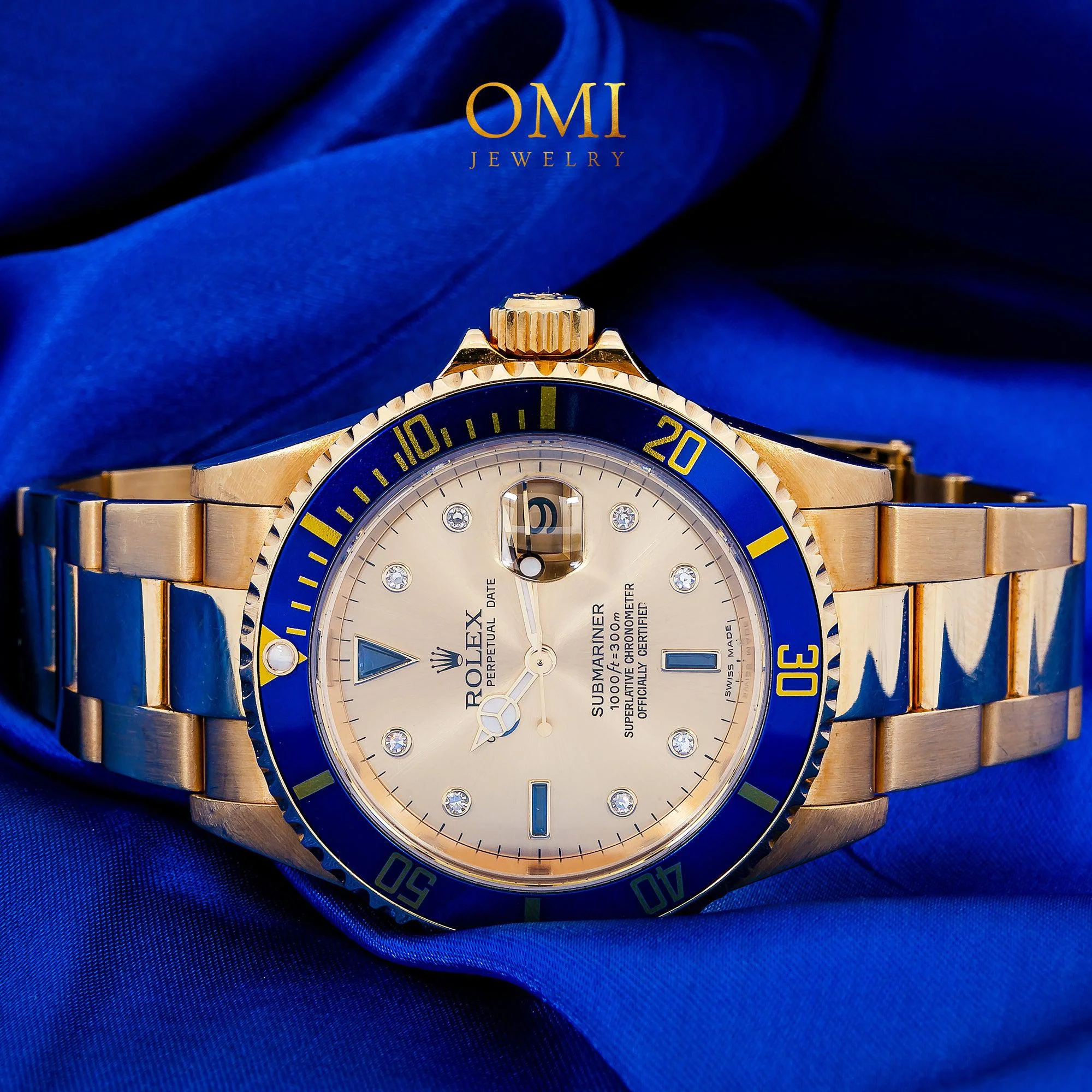 Rolex Submariner Date 40MM 16618 Champagne Diamond Dial Blue Ceramic Bezel 18K Yellow Gold Oyster Bracelet - Image 3